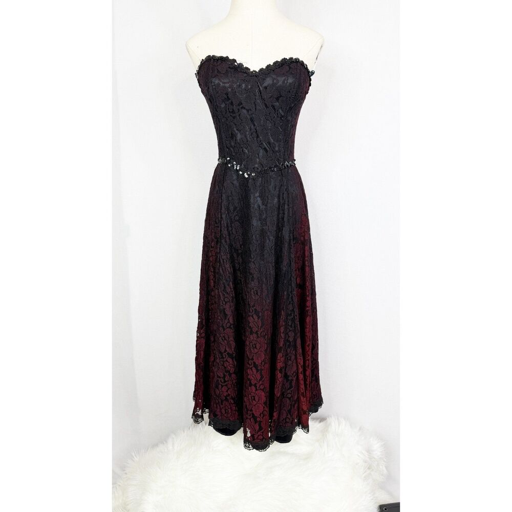 Vintage Gunne Sax | Black and Burgundy Ombre Lace Dress | Prom Formal | Sz XS - Picture 3 of 6